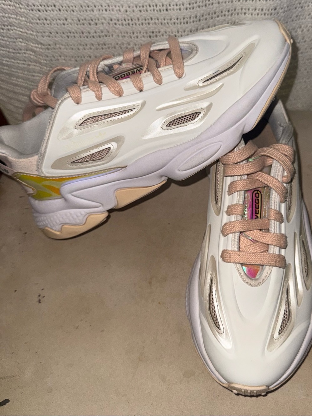 adidas Women's White Sneakers with Pink and Yellow Accents